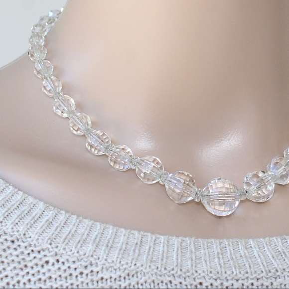 Vintage Crystal Beaded Necklace Graduated Faceted Beads on 16” Chain Estate - Picture 2 of 4